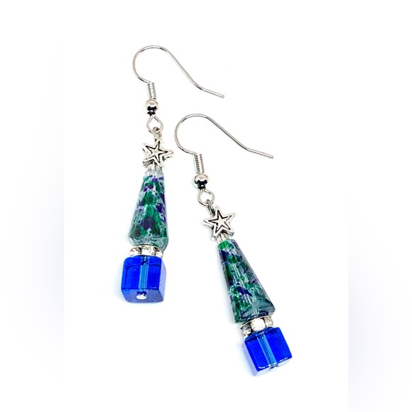 Royal Blue Forest Green Purple Splash Clr Glass Crystal Christmas Tree Earrings - Picture 3 of 4